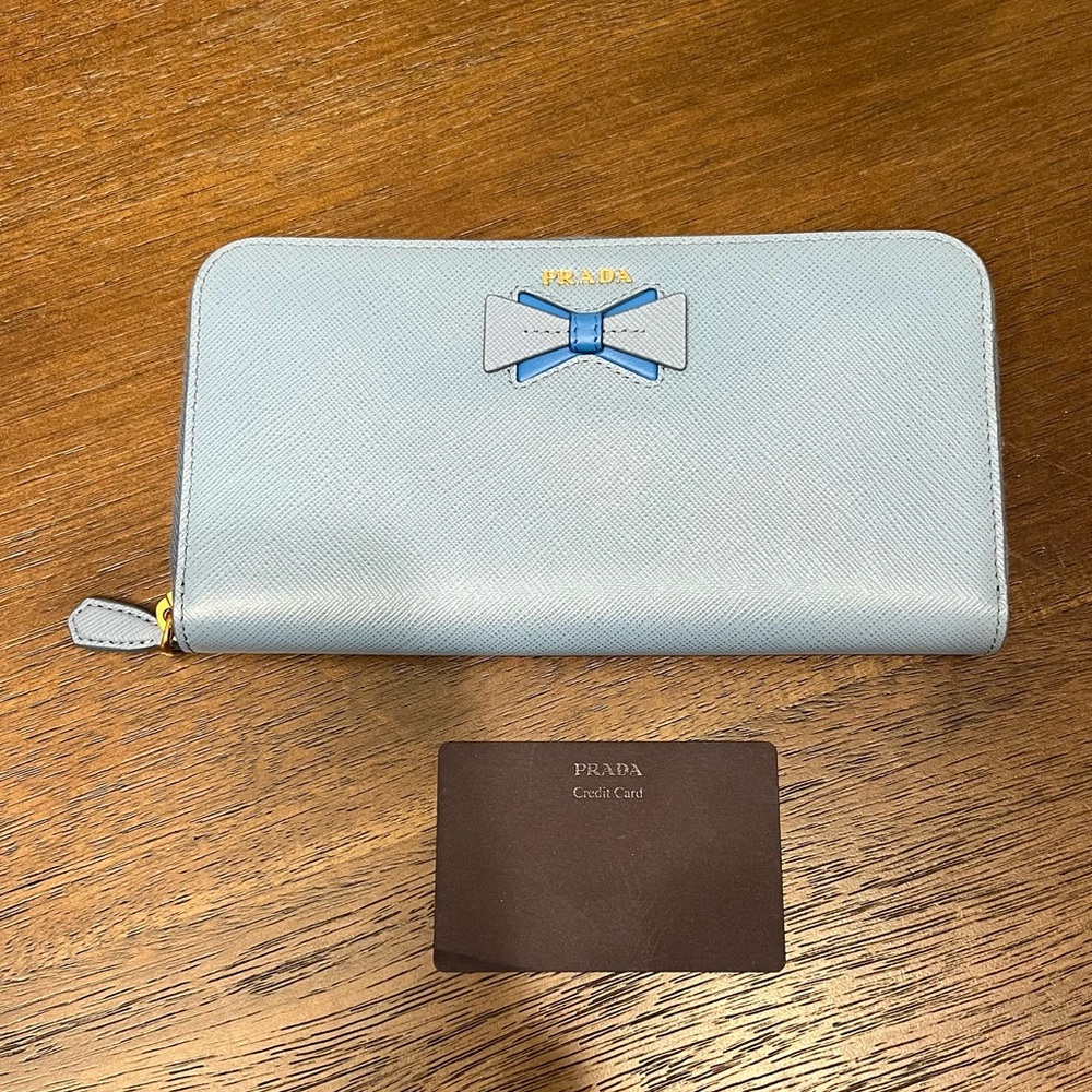 Prada Saffiano Bow Continental Wallet in Astrale Blue + Auth Card